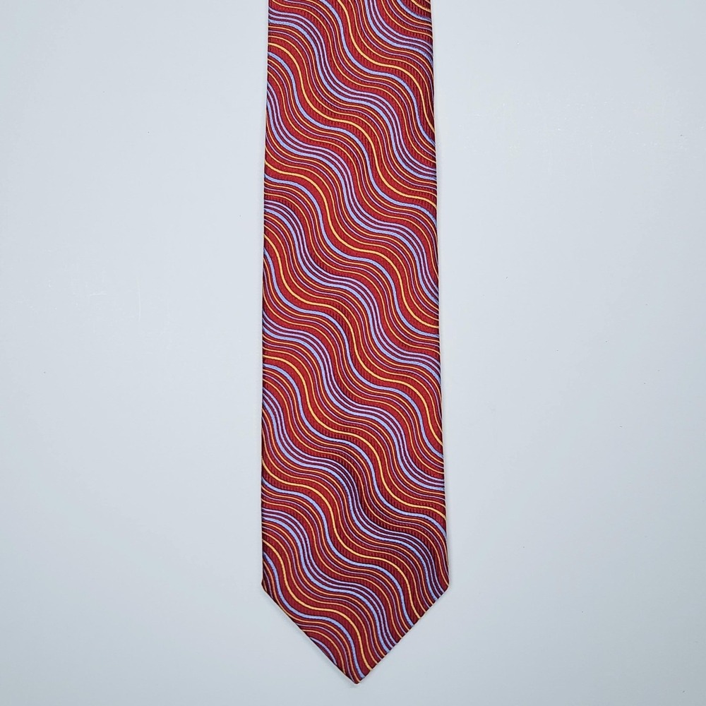Louis Dell'Olio Tie 100% Silk Handmade Italy Mens One Size Red Wavy Stripe - Picture 5 of 7